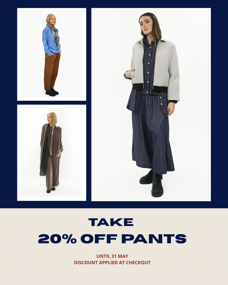 Small banner with 20% off pants text and models in cotton pants, velvet pants and culottes. 