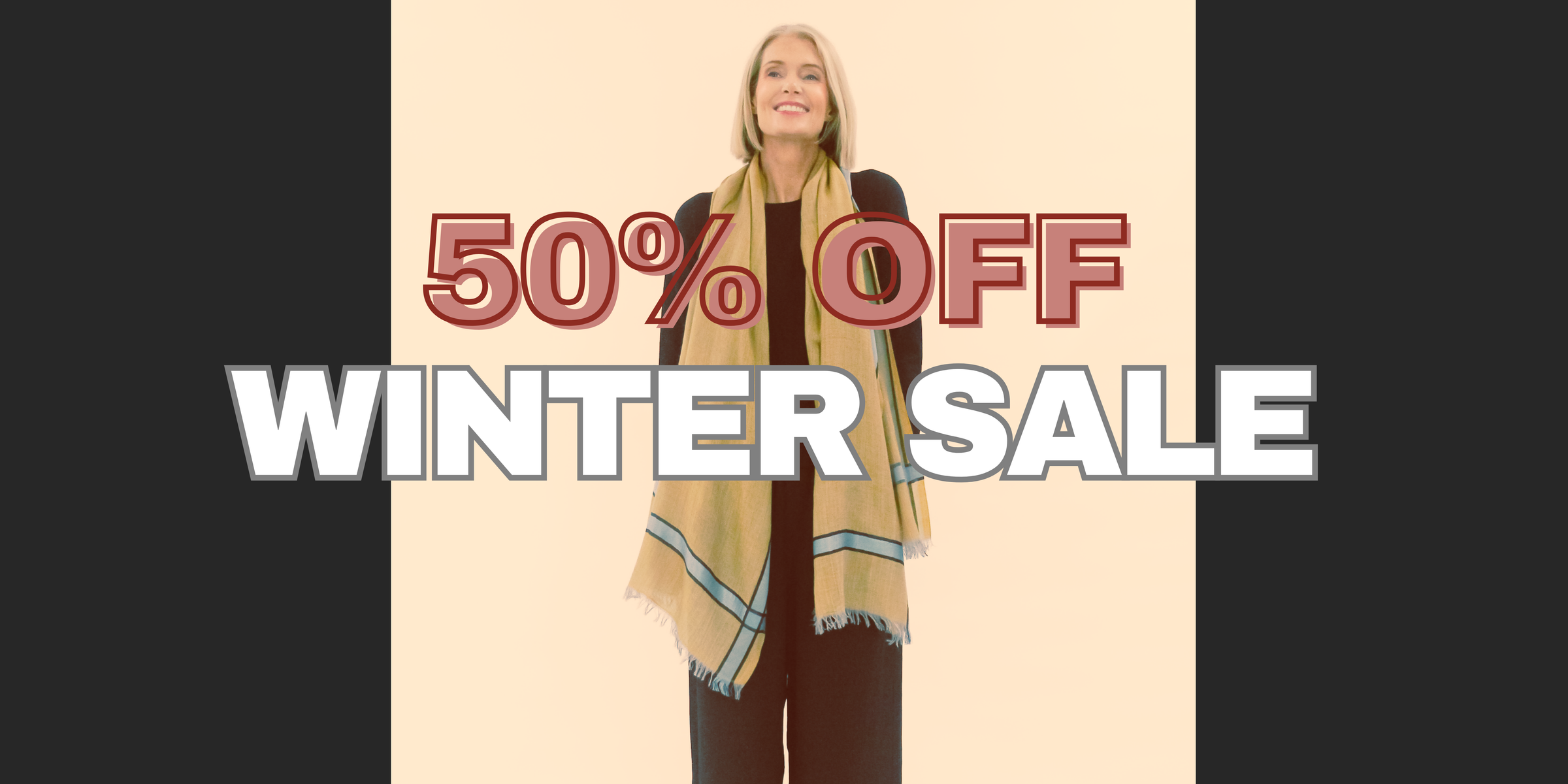 A woman modeling a beige scarf with blue and black stripes, standing against a beige background with large promotional text reading '50% OFF WINTER SALE'.